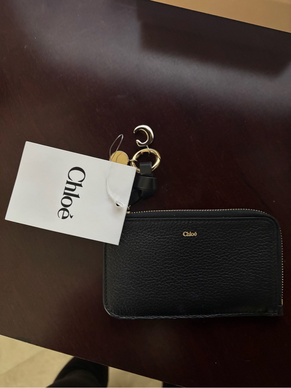 Chloé Black Leather Zip Card & Key Holder with Gold Hardware
